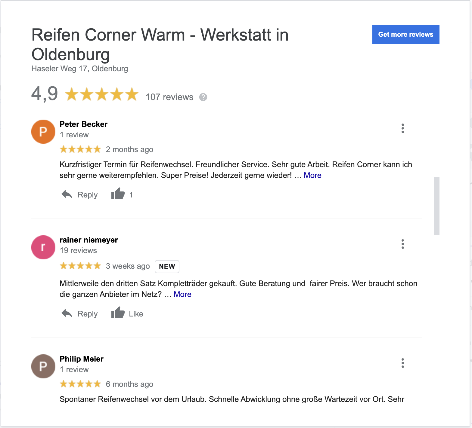 Reifen Corner Oldenburg Erfahrungen und Bewertungen von Kunden 